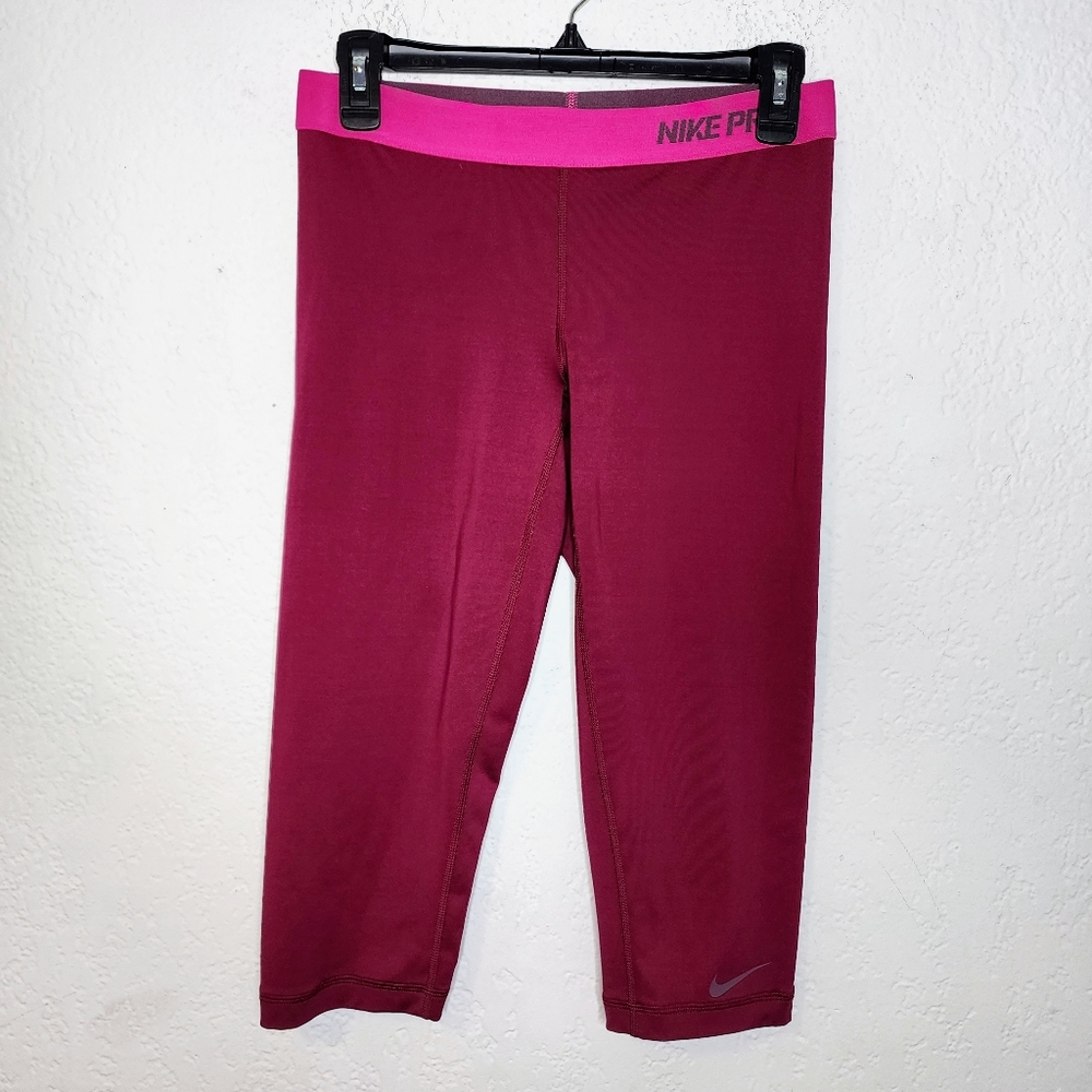 Nike Pro Cropped Leggings Sz M Pink Purple Athleisure Pants Dri-Fit Workout Gear